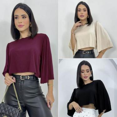 Imagem de Kit 3 Cropped Blusas Social Manga Flare Viscolycra  - SWISS BOUTIQUE, 