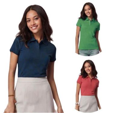 Imagem de Kit 3 Camisas Polo Feminina Baby Look Piquet Poliéster - Genérico, Az 