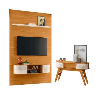 Imagem de Estante Home Theater com Bancada Suspensa Monte Carlo com Aparador Estoril Cinamomo Off White – Madetec