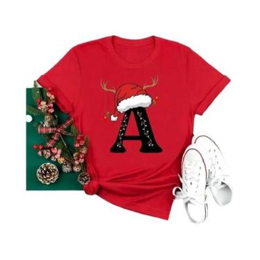 Imagem de Camiseta Feminina Vermelha De Natal Com Alfabeto, Estilo Casual, Manga