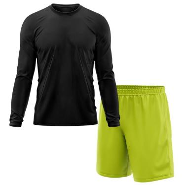 Imagem de Kit Calção Short Futebol Basquete Amarelo + Manga Longa Masculina Segunda Pele Dry-Masculino