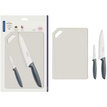 Imagem de Conjunto de Facas e Tábua de Corte Plenus para Carnes e Legumes em Aço Inoxidável com Superfície Antimicrobiana Cinza