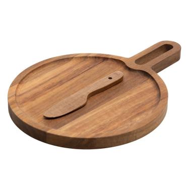 Imagem de Conjunto para Servir Lignum Bandeja Redonda com Faquinha em Madeira de Acácia Nobre par...