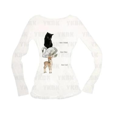 Imagem de Camiseta Feminina Y2K Com Estampa De Gato, Estilo Punk Gótico, Ajuste 