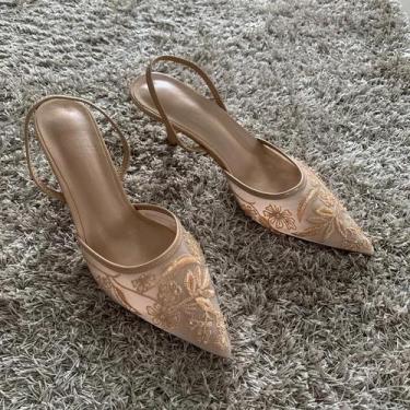 Imagem de Sandálias Femininas De Salto Alto Com Bordado Em Tela, Detalhes Em Miç