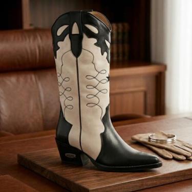 Imagem de Bota texana couro cano alto preto/branco capelli tam:38cor:preto branc
