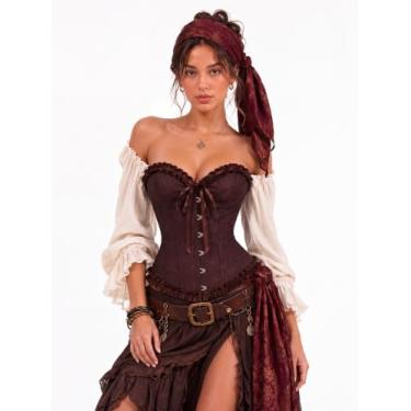 Imagem de Espartilho feminino – Corpete floral em relevo com laço de fita e acabamento de babados para fantasias ou festivais, Sela marrom rosa, M