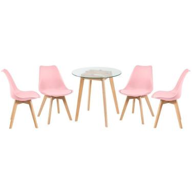Imagem de Mesa Redonda Com Tampo De Vidro 70 Cm + 4 Cadeiras Leda Rosa