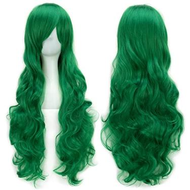 Imagem de IMISSU Peruca cosplay de cabelo natural cacheado longo com franjas coloridas fantasia de Halloween perucas de festa (Verde claro)