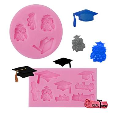 Imagem de 2 pacotes de moldes de chocolate de silicone para formatura, molde para fondant de tampa de doutorado, moldes para diploma de coruja para formatura 2022, decoração de bolo de celebração de formatura, cupcake doce de cupcake açúcar argila de resina