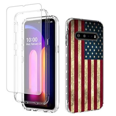 Imagem de Yodueiv Capa para LG V60 ThinQ 5G / LG V60/LM-V600 com protetor de tela de vidro temperado, capa protetora de telefone com padrão de bandeira transparente bonito à prova de choque de corpo inteiro para LG V60 ThinQ (bandeira dos EUA)
