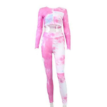 Imagem de Yajun Roupas de ginástica de ioga sem costura impressão tie dye moda manga longa com zíper top leggings conjunto de duas peças roupas esportivas fitness, rosa, G (busto: 92 cm)