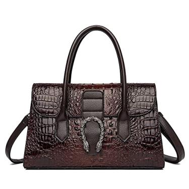 Imagem de Bolsa de ombro feminina com alça superior de couro padrão de crocodilo bolsa de mão feminina média fashion, Marrom
