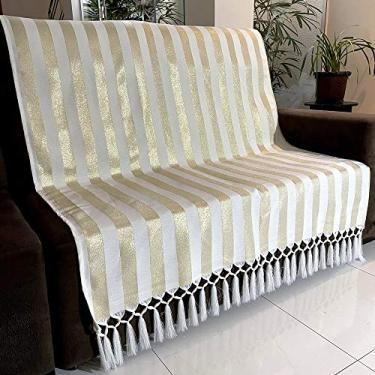 Imagem de Manta Para Sofá em Tecido Jacquard Luxo Listrado Branco com Dourado 190x140cm