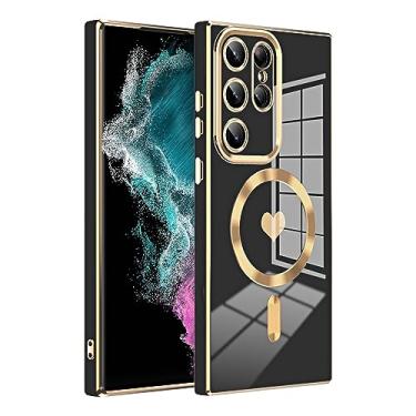 Imagem de LXURY Capa magnética para Samsung Galaxy S23 Ultra/S23 Plus/S23, capa galvanizada antidigitais com suporte para carregamento sem fio, capa para celular, preta, S23 de 6,1 polegadas