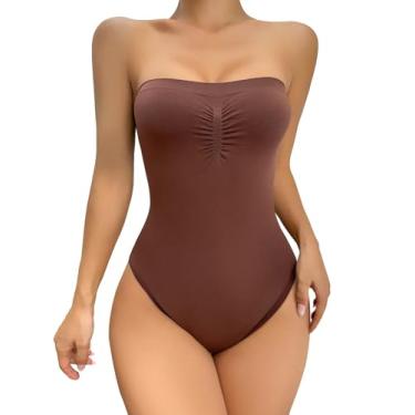 Imagem de OYOANGLE Body feminino sem alças franzido sem mangas controle de barriga sólido modelador liso, Marrom, M
