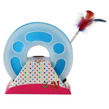 Imagem de Jogo de exercícios portátil de triângulo e gato redondo – brinquedo de perseguição interativo com penas de mola – Brinquedo felino de plástico durável