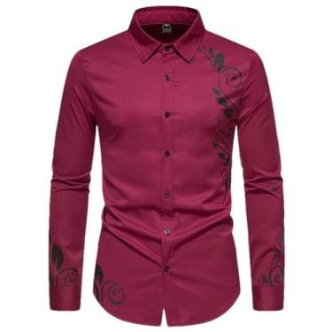 Imagem de ZMIN Camisas masculinas modernas trespassadas com estampa bronze para homens camisa de lapela de manga comprida, Camisetas vinho tinto, G