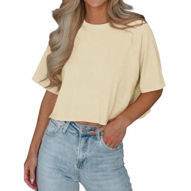 Imagem de Tankaneo Camisetas femininas curtas casuais de meia manga verão tops cropped cor sólida gola redonda camisetas cropped básicas, 05 - Bege, M