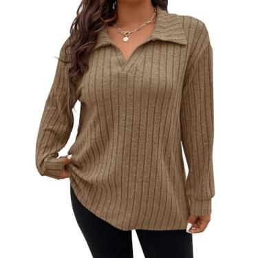 Imagem de Koscacy Suéter feminino plus size casual de malha lapela gola V cor sólida blusas leves de manga comprida, Café, 3X-Large Plus