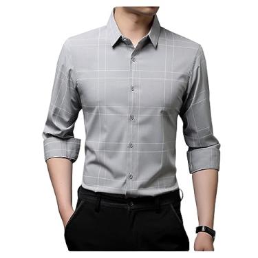 Imagem de Camisa social masculina xadrez cor sólida slim fit manga longa camisa formal lapela gola, Cinza-claro, XG