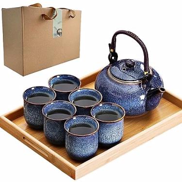 Imagem de Conjunto de 6 chás japoneses, 820 ml, bule de chá de porcelana com infusor e 6 xícaras (125 g), conjunto de bule de chá de cerâmica de estilo tradicional azul e acabamento dourado com bandeja de bambu
