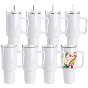 Imagem de D·S Pacote com 8 copos de sublimação 1,134 g com alça em branco isolado grande copo a granel, copos de viagem de café caneca de viagem de aço inoxidável para artesanato diy impressão de prensa térmica
