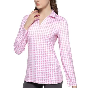 Imagem de GGOV Tops de treino de manga comprida polo de golfe feminino, camisas de tênis, proteção solar FPS 50+, secagem rápida, umidade, absorção, ativo, Houndstooth rosa, M