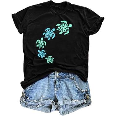 Imagem de Camiseta feminina de tartaruga marinha com estampa de animal divertida camiseta Ocean Life camiseta havaiana férias verão tops, Preto, XXG