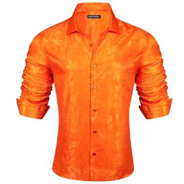 Imagem de Barry.Wang Camisa masculina fashion de seda Paisley flor manga comprida para festa de negócios casual botão masculino, B - laranja, M