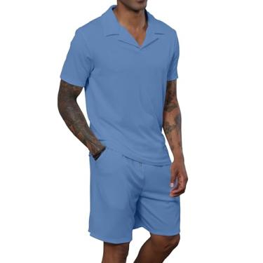 Imagem de Uni Clau Conjunto de shorts masculinos, 2 peças, camisa polo de manga curta, moda de verão, casual, conjunto de shorts, Azul, M