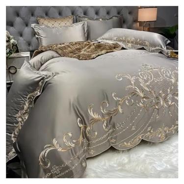 Imagem de Jogo de lençol de cama / lençol com elástico com quatro peças de algodão de alta qualidade capa de edredom para casamento queen (cinza 1,8 m cama 4 peças)