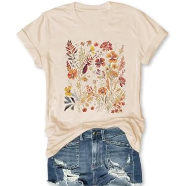 Imagem de Camiseta feminina com estampa de flores boêmias, vintage, estampa de flores silvestres, casual, botânica, manga curta, Bege - 1, M
