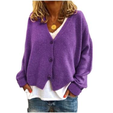 Imagem de LUZBOSE Cardigã feminino suéter feminino gola V manga longa casual cor sólida suéter solto colete de malha pulôver adequado para mulheres e meninas modernas (XXL, roxo)