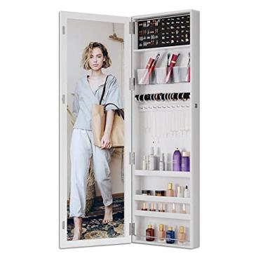 Imagem de Quadro branco magnético regravável, armário de joias espelhado, armário para pendurar na parede/porta, espelho de comprimento total, organizador de armazenamento de maquiagem bloqueável, com caixa de