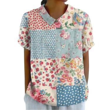 Imagem de Blusa feminina de linho lapela arte floral gola redonda botão solto camiseta casual camiseta gola V camiseta feminina solta, Azul-celeste, GG