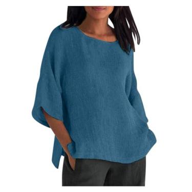 Imagem de Blusa feminina casual de algodão e linho, gola redonda, manga três-quartos, cor lisa, renda média, Azul marino, P