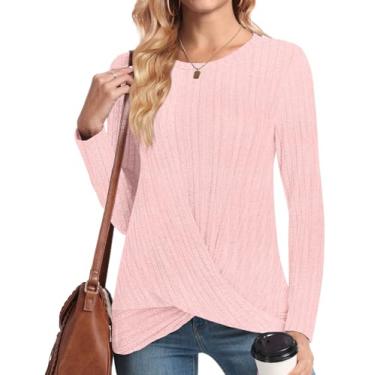 Imagem de HOTGIFT Túnica feminina outono inverno 2023 camisetas casuais de manga comprida blusa listrada macia e confortável leve, rosa, GG