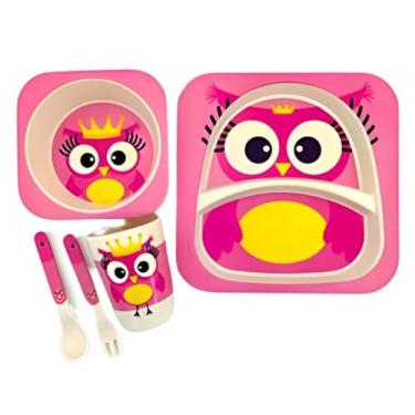 Imagem de Kit Prato Infantil Bebe Pratinho Introdução Alimentar Copo e Talher Bambu (Coruja)