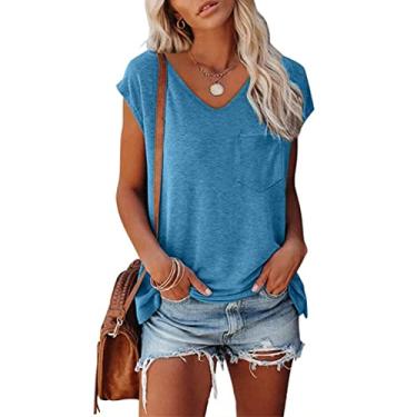 Imagem de Camisetas femininas com mangas cavadas, gola V, casual, solta, cor sólida, túnica básica, moderna, blusas modernas com bolsos, Azul claro, M