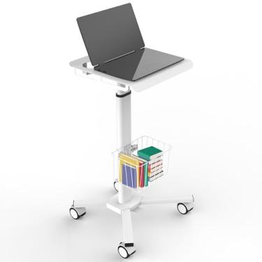 Imagem de TUILUN Mesa de laptop portátil de altura ajustável com rodas, carrinho de computador branco sobre rodas, estação de trabalho móvel em pé, carrinho médico utilitário