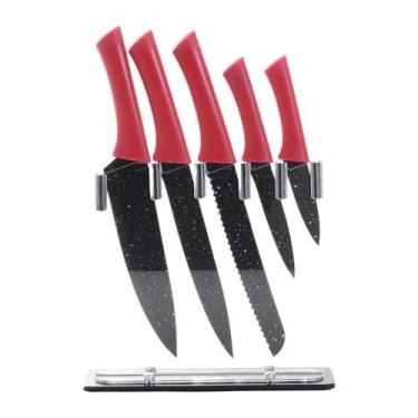 Imagem de Conjunto De Facas C/ Suporte Gourmet  - Vermelho Inox/Acrílico 6pç  - 