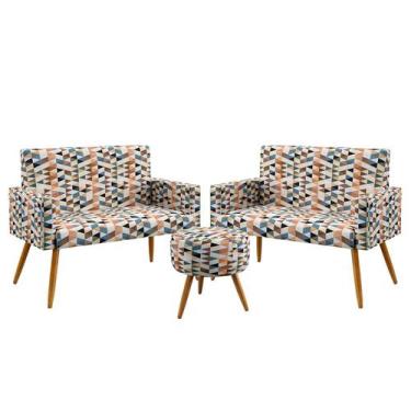 Imagem de Kit 2 Poltronas Namoradeira Nina e Puff Solar Suede Estampado Laranja 