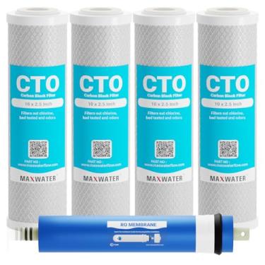 Imagem de Max Water Conjunto de 5 filtros serve para GE GXRV10AB01, FX12P FX12M, GXRM10G, GXRM10RBL RO filtro de membrana pré e pós-filtro de membrana 50 GPD, pacote combo de filtro de água de osmose reversa