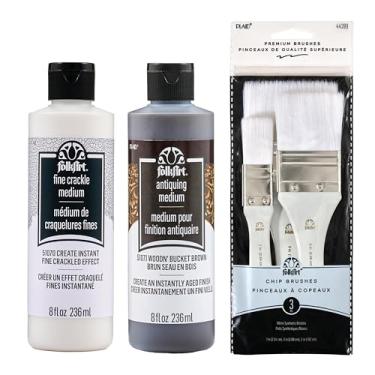 Imagem de FolkArt Kit de tinta de efeitos vintage, conjunto de 5 peças, inclui 2 médios e 3 pincéis de lascas para projetos de artes e artesanato DIY