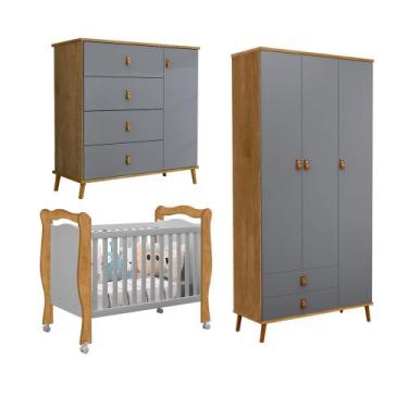 Imagem de Conjunto Comoda e Guarda Roupa Jujuba Berço Alvin em Mdf Nature / Cinz