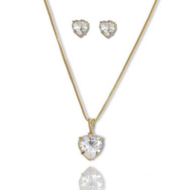 Imagem de Conjunto Brinco e Colar Coração de Zirconia Banhado a Ouro 18k Semijoi