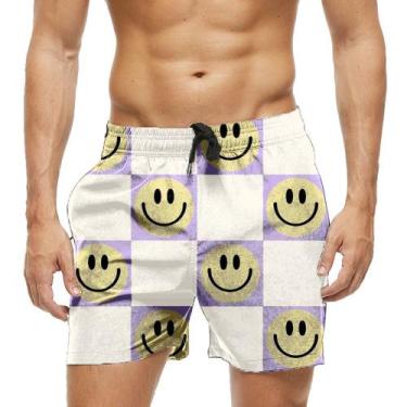 Imagem de Short Praia Shorts Banho Bermuda Verão Xadrez Emoji Feliz Amarelo 802 
