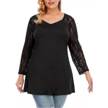 Imagem de Blusa Bata Soltinha Detalhe em Renda Mangas Longas Evase Plus Size 09 