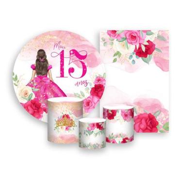 Imagem de Kit 2 Painéis De Festa + Trio De Capas Cilindro - 15 Anos Princesa Pin
